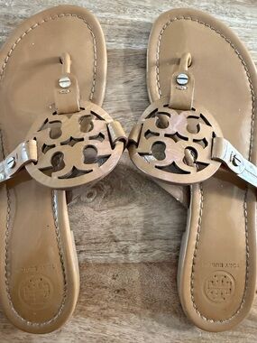 Tory Burch Tan Leather Logo Thong Sandals